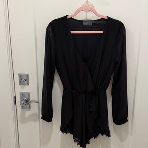 ASTR Black Romper with Sheer Sleeves and Flower Lace Detail